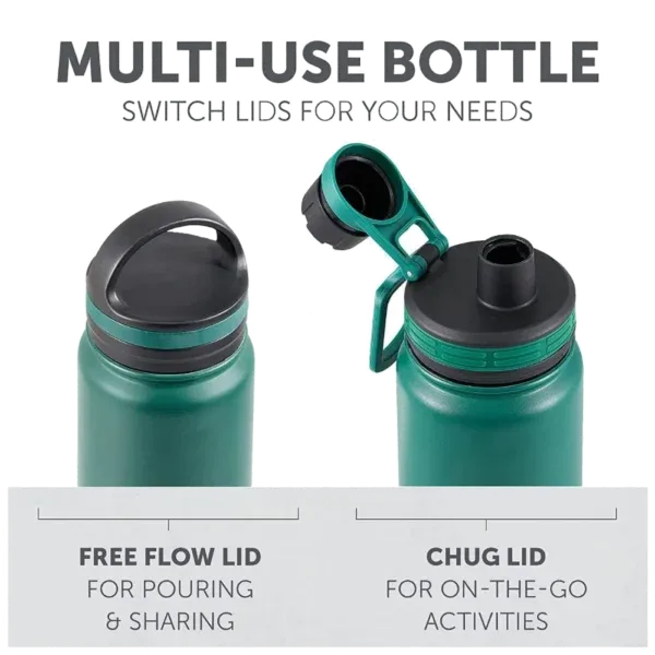 Double wall stainless steel insulated water bottle with 2 lids for multi-use